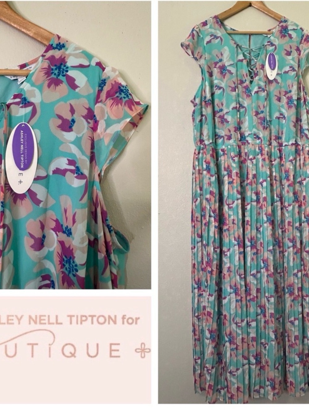 Ashley Nell Tipton Mint Floral Pleated Dress with Pink & Purple Accents 3X - Picture 5 of 16